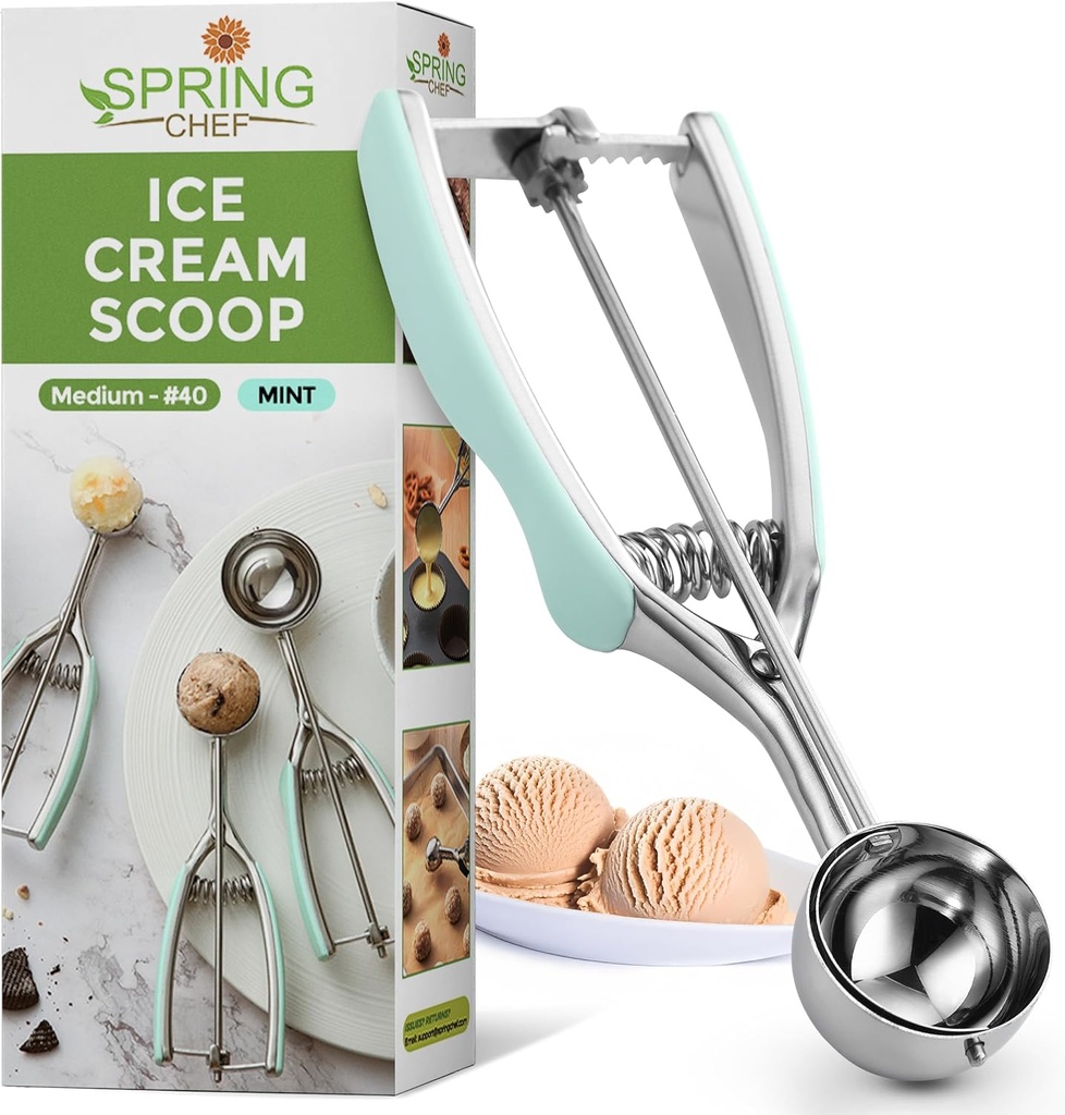 Spring Chef Medium #40 Stainless Steel Cookie Scoop for Baking, Multifunctional Kitchen Food Scooper with Trigger Release, 1.7 Tablespoon Melon Scooper - Dishwasher Safe Meatball Scoop - Mint