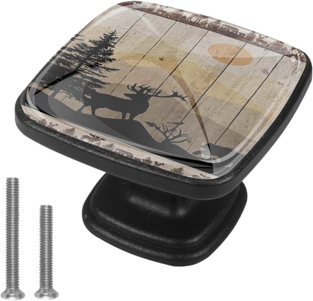 Vintage Forest Animals Black Bear Deer Wood Board 4Pcs Black Drawer Handles Clear Cabinet Handles ABS Glass Drawer Pulls with Screws Hardware for Bathroom, Kitchen and Furniture