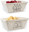 2 Set Metal Wire Baskets with Cotton Lining, Potato Bin Onion Container, Produce Fruit Veg Organizing Bin for Kitchen Storage - White