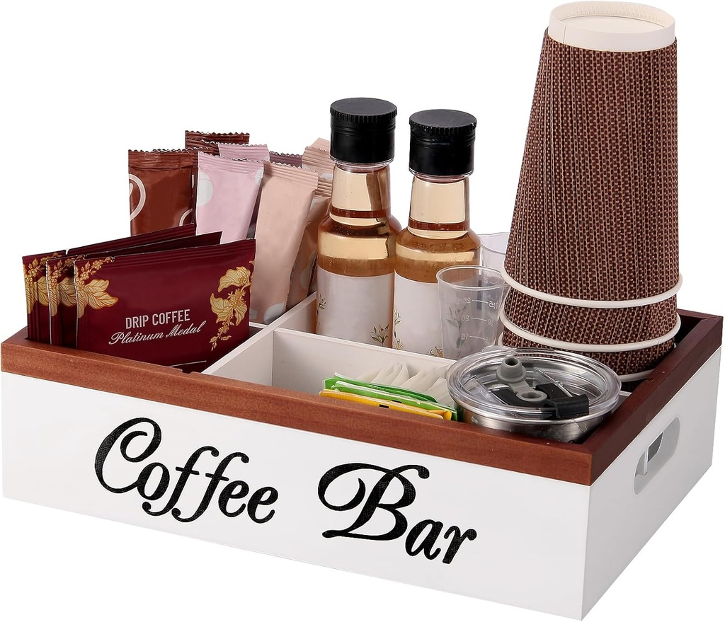 Wooden Coffee Organizer Holder with Divided Sections & Cutout Handle, Farmhouse Coffee Bar Organizer for Pods, Cups, Lids, Syrups, Stirrers & Accessories – Ideal Gift for Home or Office-White