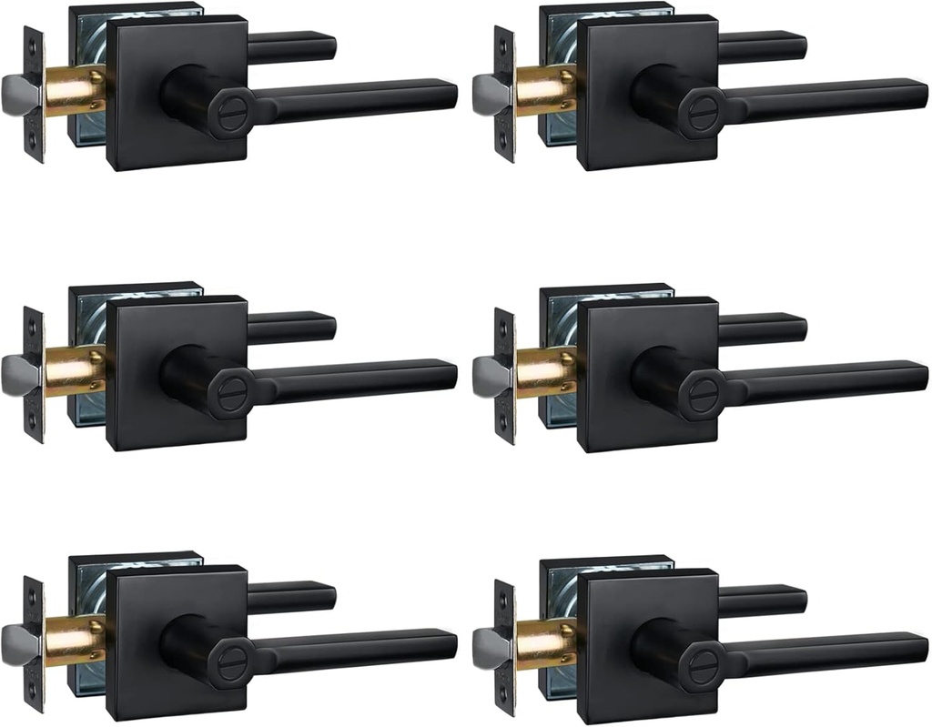 Privacy Door Handle for Bedroom&Bathroom, Keyless Interior Door Lever, Square Door Handle, Matte Black Finish, Left&Right Handed (6Pack) 1601-BK-6P