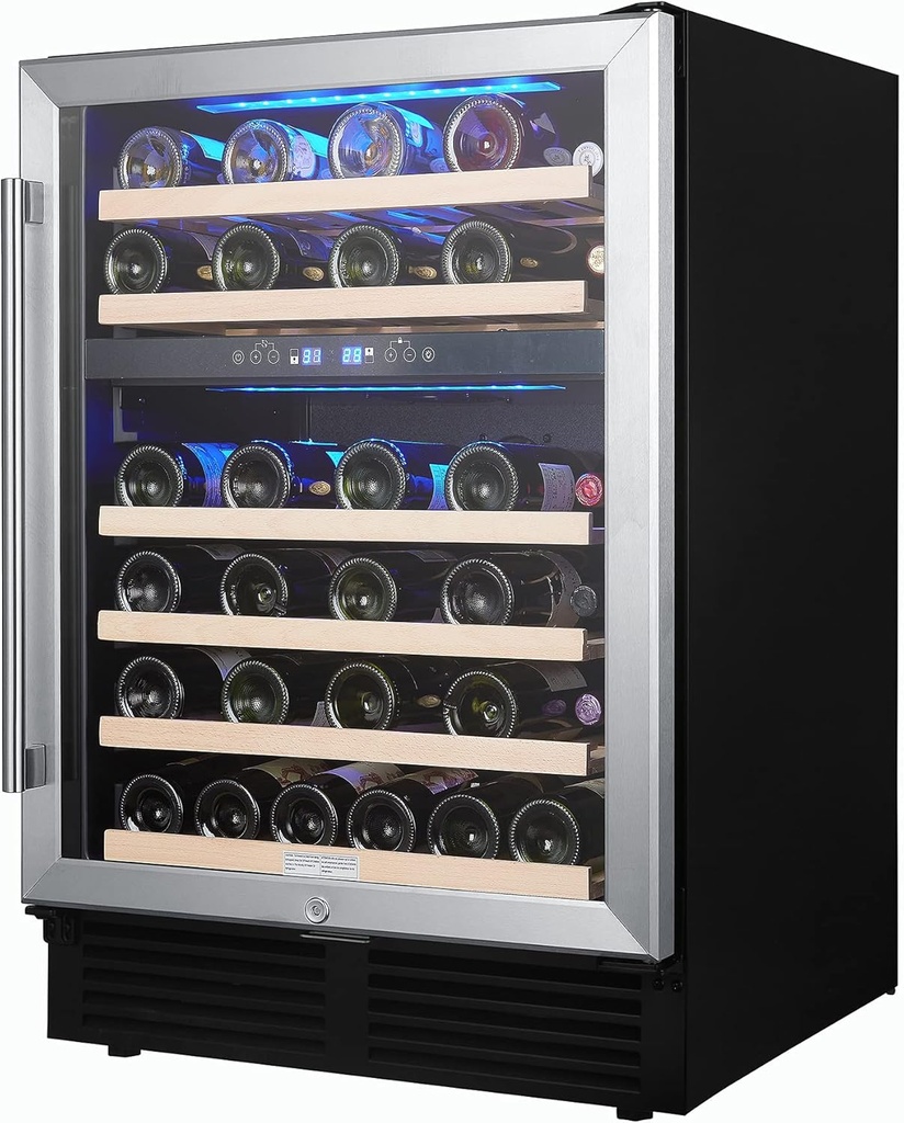 Modern 24IN 46 Bottle Wine Cooler Cabinet Beverage Fridge Small Wine Cellar Soda Beer Counter Top Bar Quiet Operation Compressor Freestanding Clear Glass Door for Office