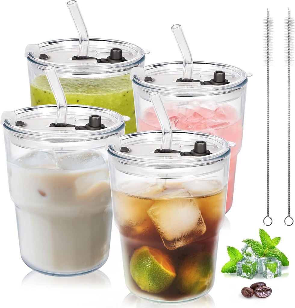 13oz Drinking Glass Tumbler with Straw and Lid, Leakproof Sealable Travel Cup, 400ml Insulated Glass Cup for Iced Coffee, Tea, Juice, Water (Transparent 4Packs)