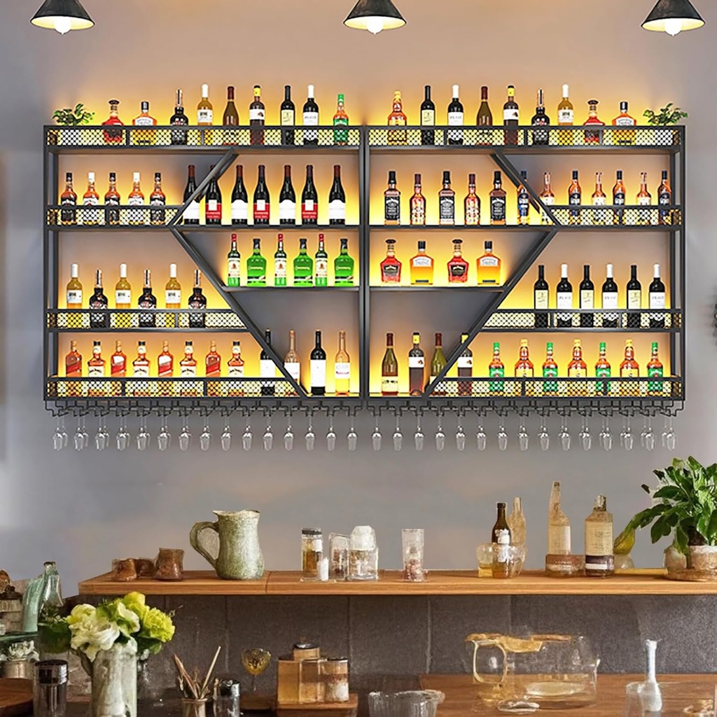 Large Bar Wall Mounted Wine Rack,Floating Shelves For Wall With Hanging Glass Holder,Iron Bar Shelf,Liquor Bottle Display Shelf,Wine Storage Racks，With LED Lights,For Kitchen Wine Cellar(200*20