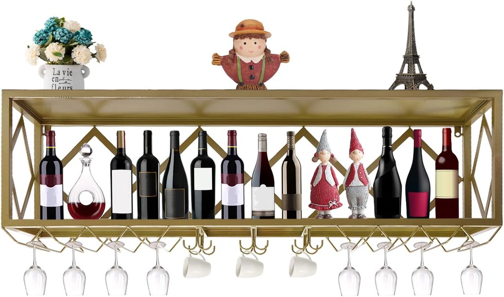 Bar Unit Floating Shelves, 2-Layer Industrial Metal Wall Mounted Wine Bottle Holder,Large Floating Shelves Wine Bottle Organizer Goblet Rack for Home Bar Dining Room Decor (Gold)