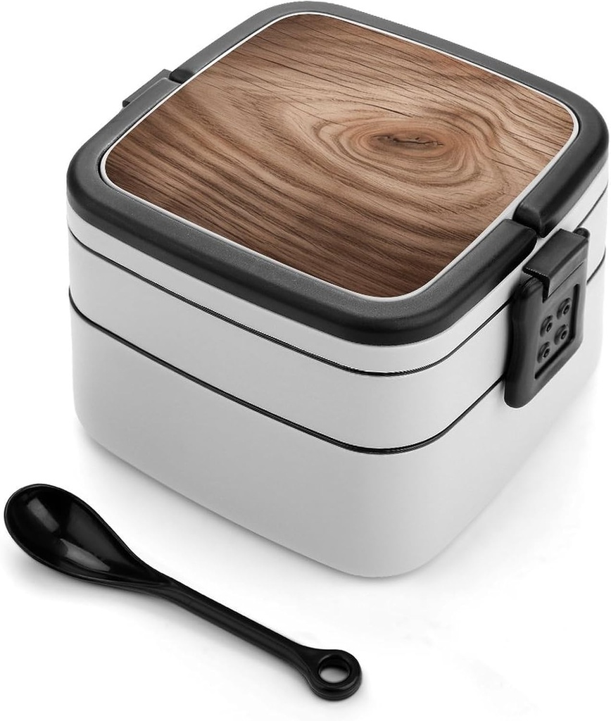 Wood Grain Bento Box Leak-Proof Double Layered Lunch Containers with Spoons And Invisible Handle, Portable Lunch Boxes for Work Picnic Travel