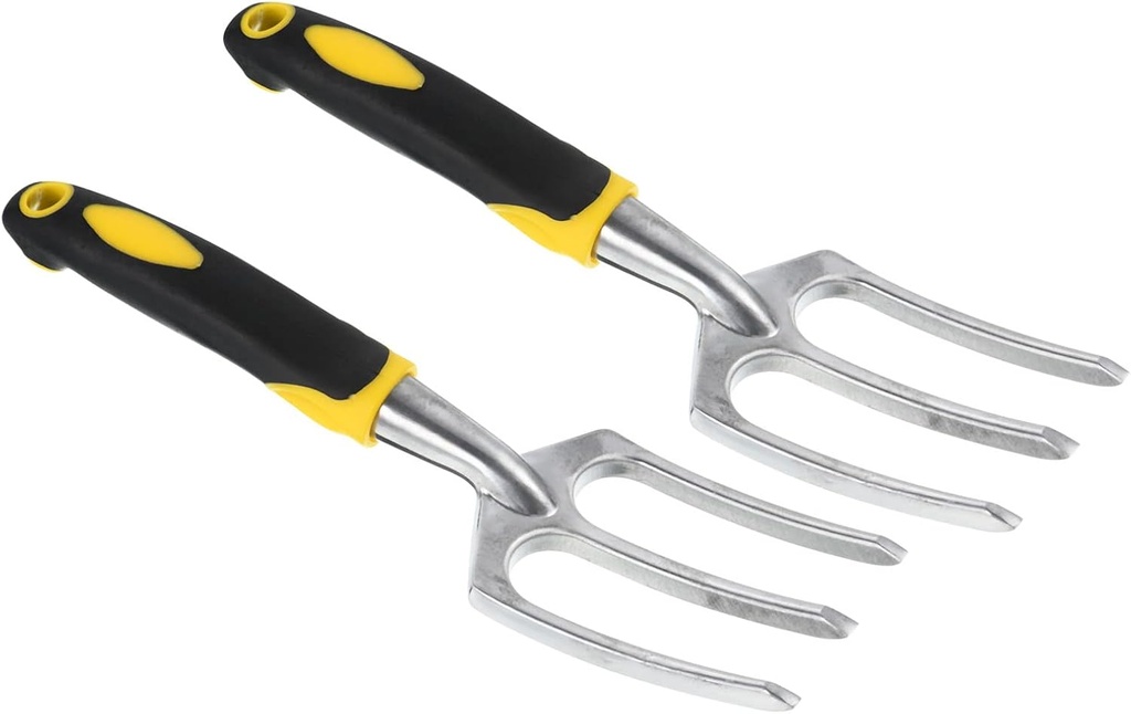 PATIKIL 10.8" 3 Tines Hand Gardening Fork, 2Pcs Aluminum Alloy Non-Slip Handle Hardened Digging Pitch Fork for Backyard Weeding Farm Planting, Silver