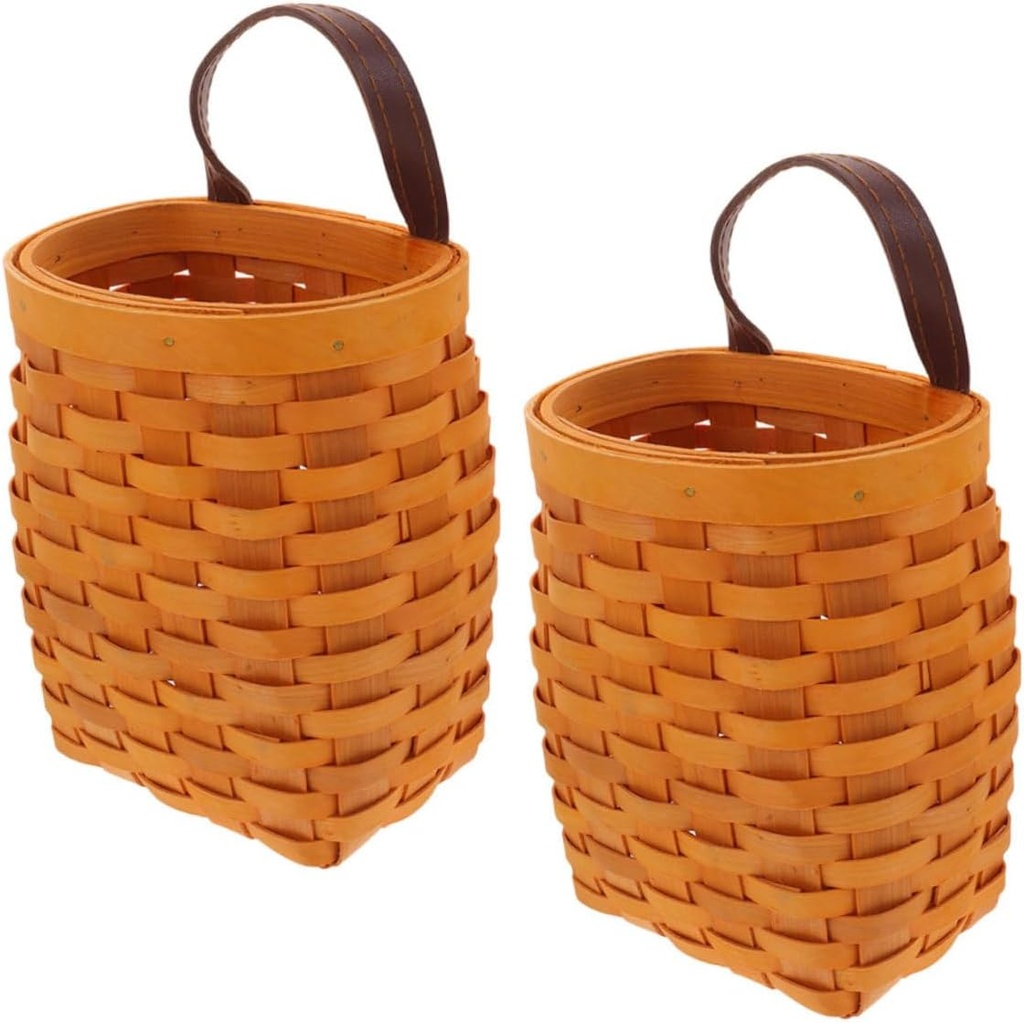 Luxshiny 2pcs Hanging Storage Basket Wooden Woven Baskets Rattan Wall for Kitchen Decorative Flower Vegetable Storage Rustic Style
