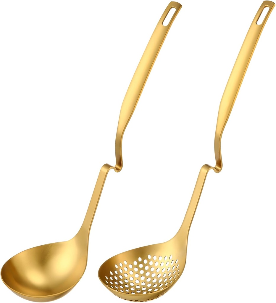Patelai Hot Pot Slotted Ladle Set Stainless Steel Soup Ladle Strainer Scoops Cooking Skimmer Cookware Utensil for Hotpot Scooping Sauce Serving, 12 Inch(2 Pcs,Gold)