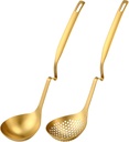 Patelai Hot Pot Slotted Ladle Set Stainless Steel Soup Ladle Strainer Scoops Cooking Skimmer Cookware Utensil for Hotpot Scooping Sauce Serving, 12 Inch(2 Pcs,Gold)