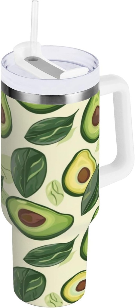 30 oz Tumbler With Handle and Straw Lid, Stainless Steel Vacuum Insulated Tumbler for Water, Iced Tea or Coffee, Easy to Clean (Cartoon Avocado Pattern)