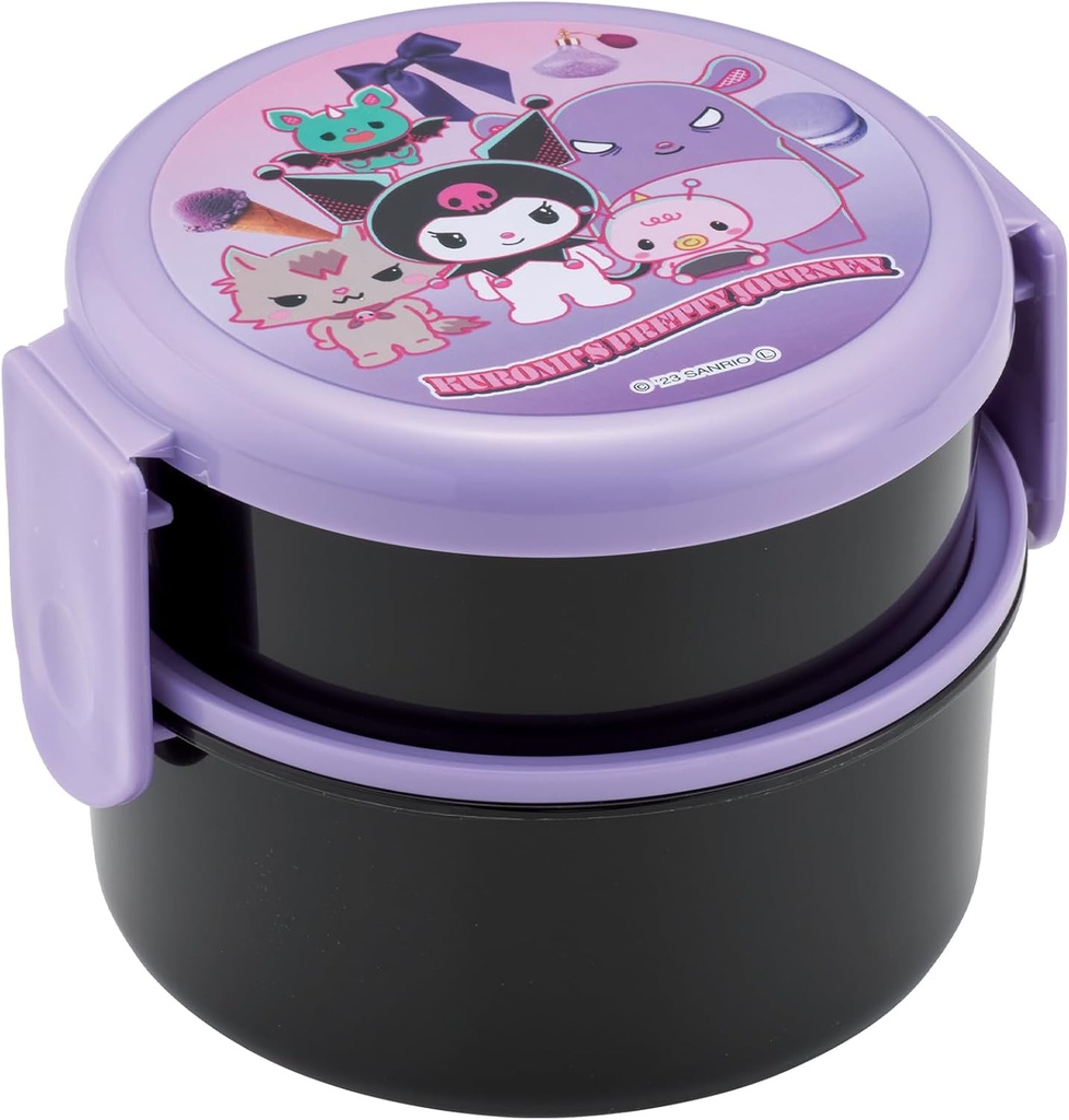 Skater Kuromi 2 Tier Round Bento Lunch Box with Folk (17oz) - Authentic Japanese Design - Microwave Safe -Kuromi's Pretty Journey