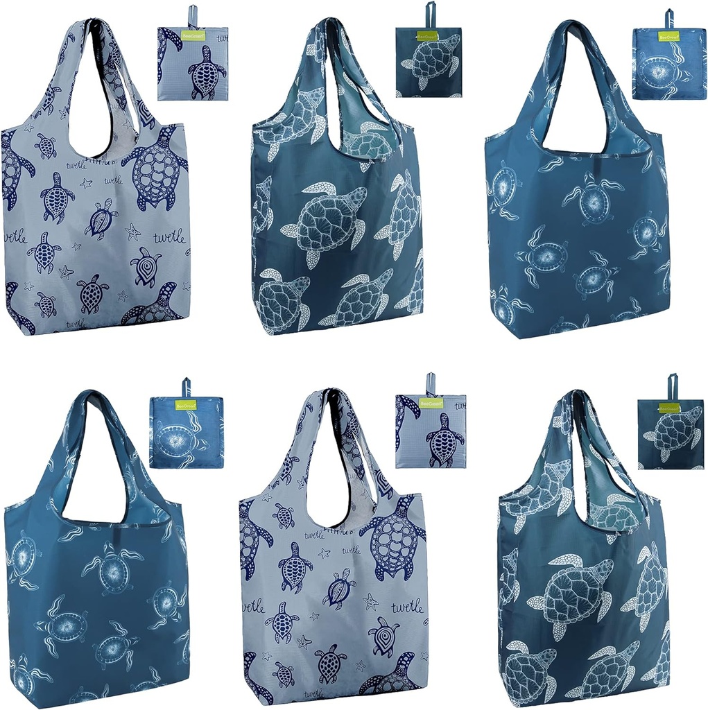 BeeGreen Sea Turtle Reusable Grocery Bags Large Tote Bag With Handles, Bulk Gift Foldable Shopping Bags for Women 6 Pack, Cute Cloth Bag, Heavy Duty, Washable For Beach, Holiday, Travel And Groceries​