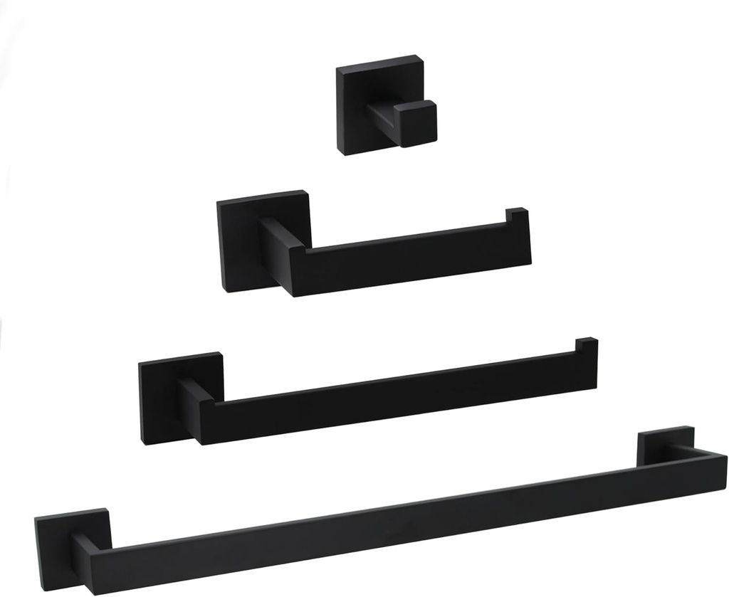 4-Piece Bathroom Hardware Accessories Set, Include 16 Inch Towel Bar, Toilet Paper Holder, Hand Towel Rack, Towel Hook, Matte Black