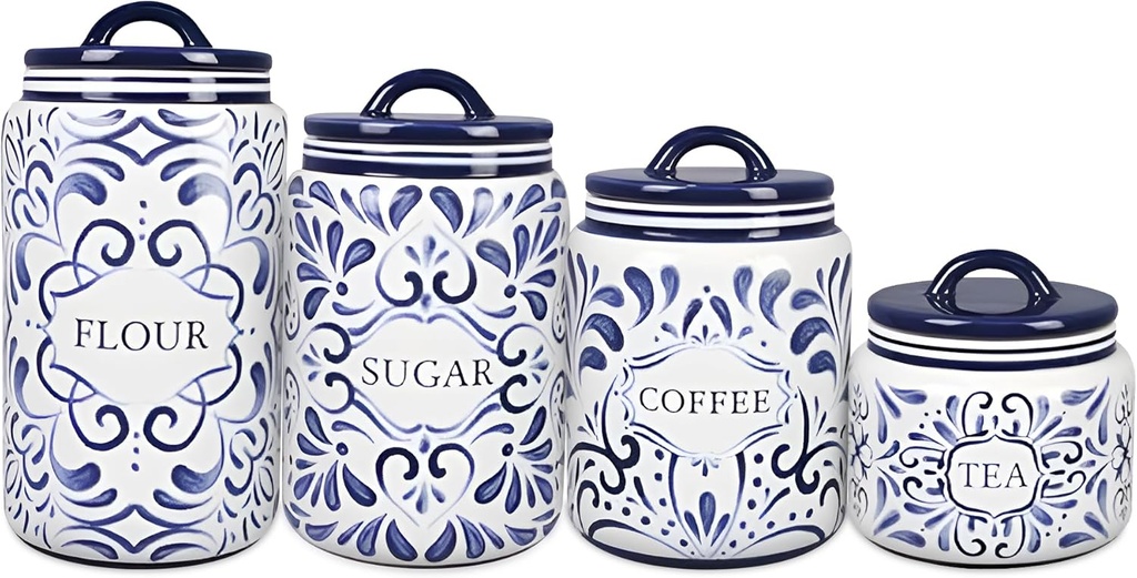 Young's Inc. 4 Pcs Set Talavera Ceramic Canisters- Storage Container for Kitchen and Bathroom - Beautiful Home Decor Accent to Store Food, Coffee, Tea, and More - White, Blue