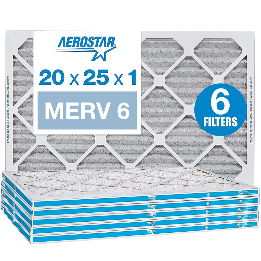 Aerostar 20x25x1 MERV 6 Pleated Air Filter, AC Furnace Air Filter, 6 Pack (Actual Size: 19 3/4"x24 3/4"x3/4")
