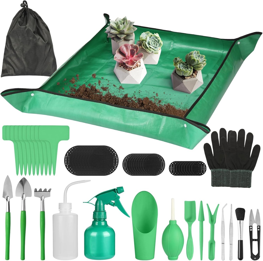 Succulent Tool Set, 57 Piece Mini Tool Set, Indoor Potted Plant kit, Gardening Tool Set with 39.4-inch Plant Soil mat, Gloves, and Storage Bag, Children's and Women's Gardening Gifts