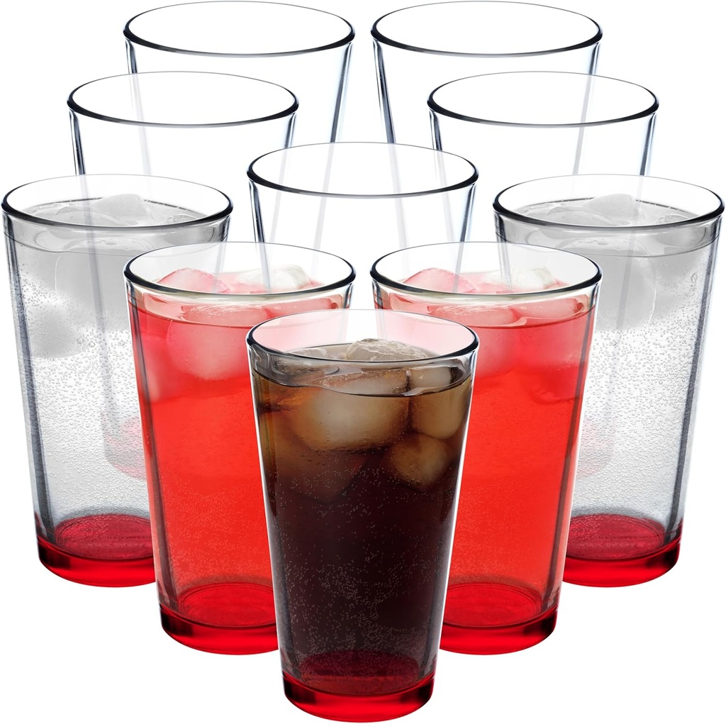 DISCOUNT PROMOS Beer Pint Glasses 16 oz. Set of 10, Bulk Pack - Heavy Duty Glassware for Restaurant, Thick Base and Walls, Stackable - Red