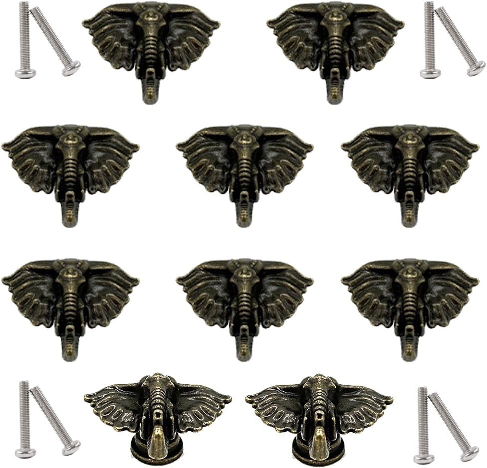 Vintage Decorative Animal Elephant Pull, 10 Pcs Zinc Alloy Single Hole Elephant Head Antique Bronze for Door Drawer Dresser Kitchen Cupboard Furniture Handles (Elephant Trunk)