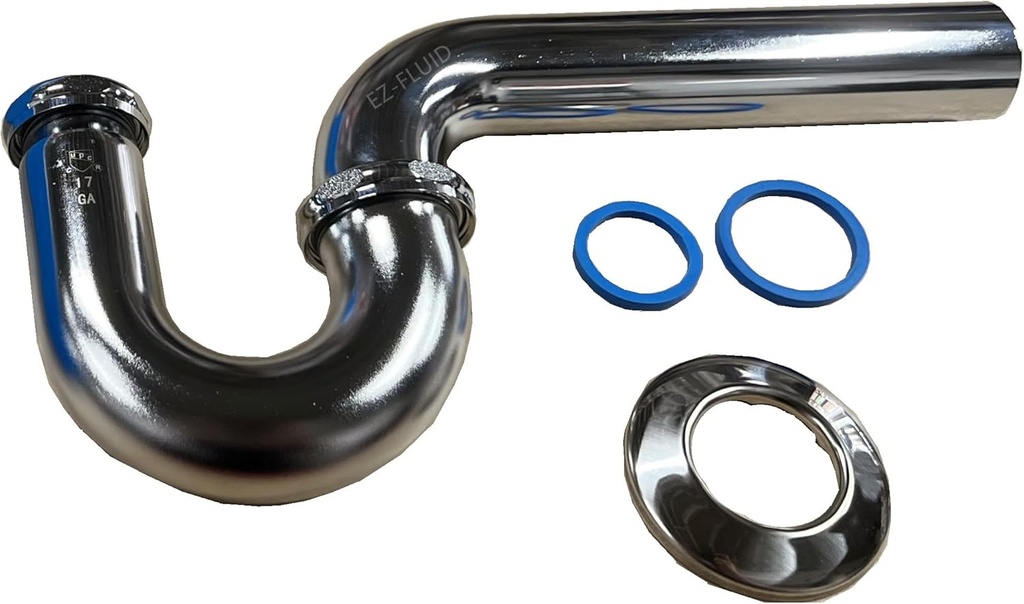 EZ-Fluid 1-1/2" x 1-1/4" Thick Heavy Duty 17 Gauge Chrome Brass Bathroom Sink P-Trap Chock Neck w/Brass Nuts, for Lavatory Sink Waste Drain P-Trap Tubular Kit, Commercial Grade
