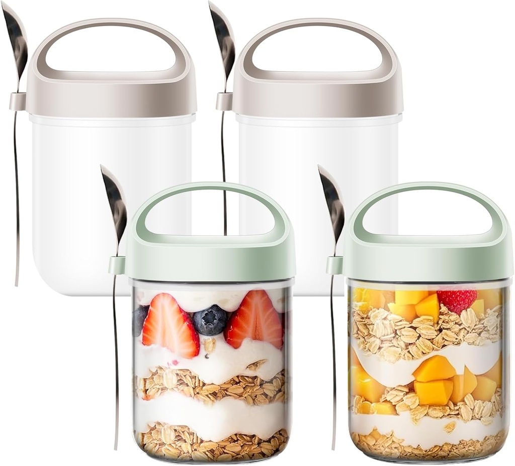 Oatmeal Jars with Lids Overnight Glass, 15oz Wide Mouth Breakfast Jars with Spoons – Perfect Breakfast Bottles for Oatmeal/Chia Seeds/Fruit (4 pcs)