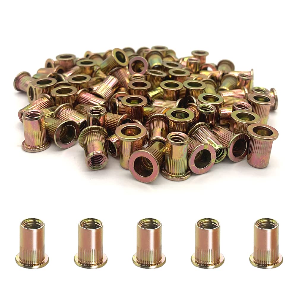 100PCS 1/4"-20 Rivet Nuts, Carbon Steel UNC Rivet Nut Set, Flat Head Threaded Rivets Nut Inserts for Metal(1/4"-20)