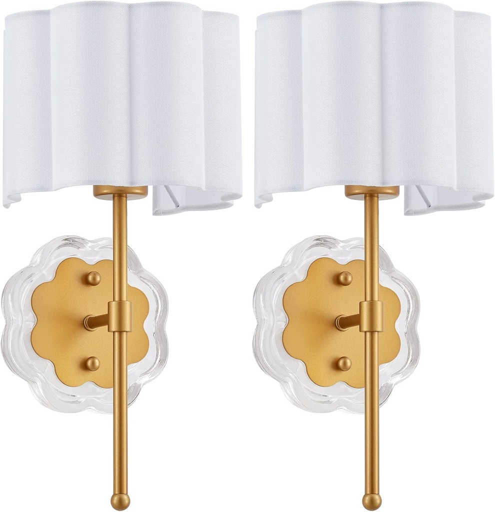 Modern Wall Sconce Set of 2, with Creamy-White Fabric Flower and Antique Brass Brush Paint Finish Shade for Vanity Stairway Fireplace Kitchen Living Room Bedside