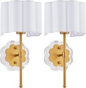 Modern Wall Sconce Set of 2, with Creamy-White Fabric Flower and Antique Brass Brush Paint Finish Shade for Vanity Stairway Fireplace Kitchen Living Room Bedside