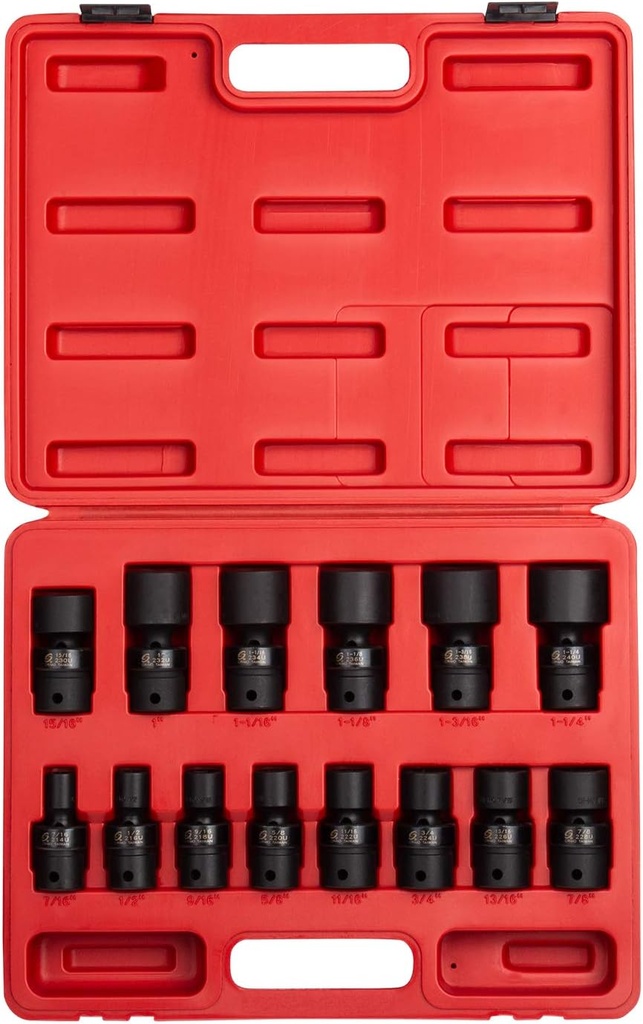 SUNEX TOOLS 2644, 1/2 Inch Drive Universal Impact Socket Set, 14-Piece, SAE, 7/16" - 1-1/4", Cr-Mo Alloy Steel, Radius Corner Design, Heavy Duty Storage Case