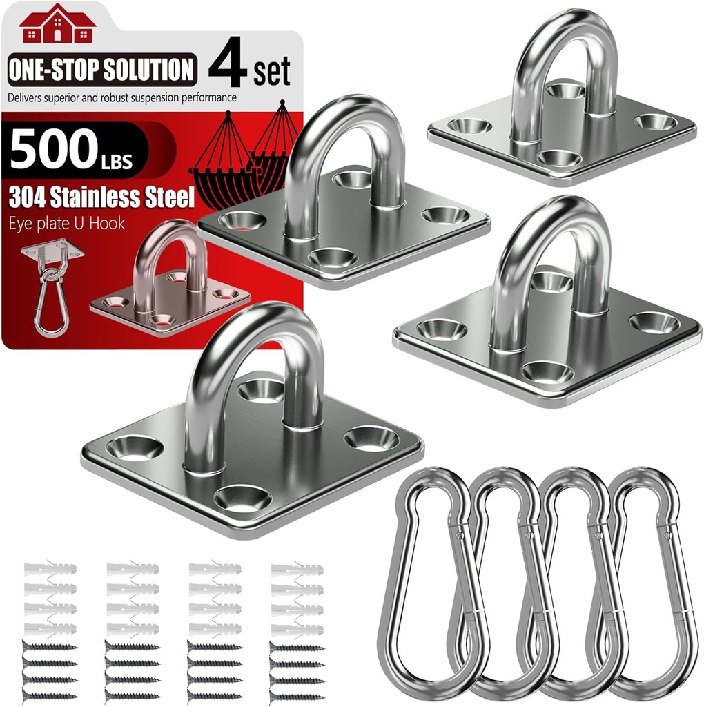sprookber 304 Stainless Steel Pad Eye Snap Hooks, M5 Heavy Duty Ceiling Hooks, 500 lb Capacity Hammock Swing Hanging kit, Plant Hangers, Marine Hardware Staple Hook Loop with Screws, Set of 8