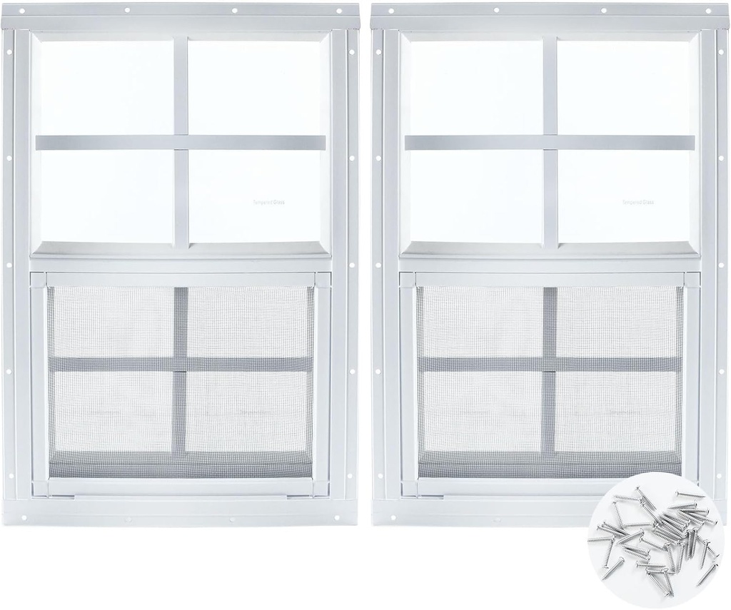 12" x 18" Shed Window, 2 Pack White Flush Mount Household Windows with Tempered Glass and Fiberglass Screen for Shed, Garage, Chicken Coop, Playhouse, Small Tiny House