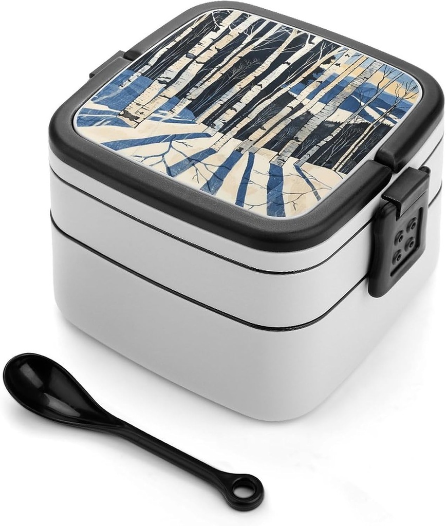 Birch Tree in Winter Bento Box Adult Lunch Box All-in-One Lunch Containers with Removable Compartments Double Layer Bento Lunch Box with Spoon And Handle Stackable Lunchbox