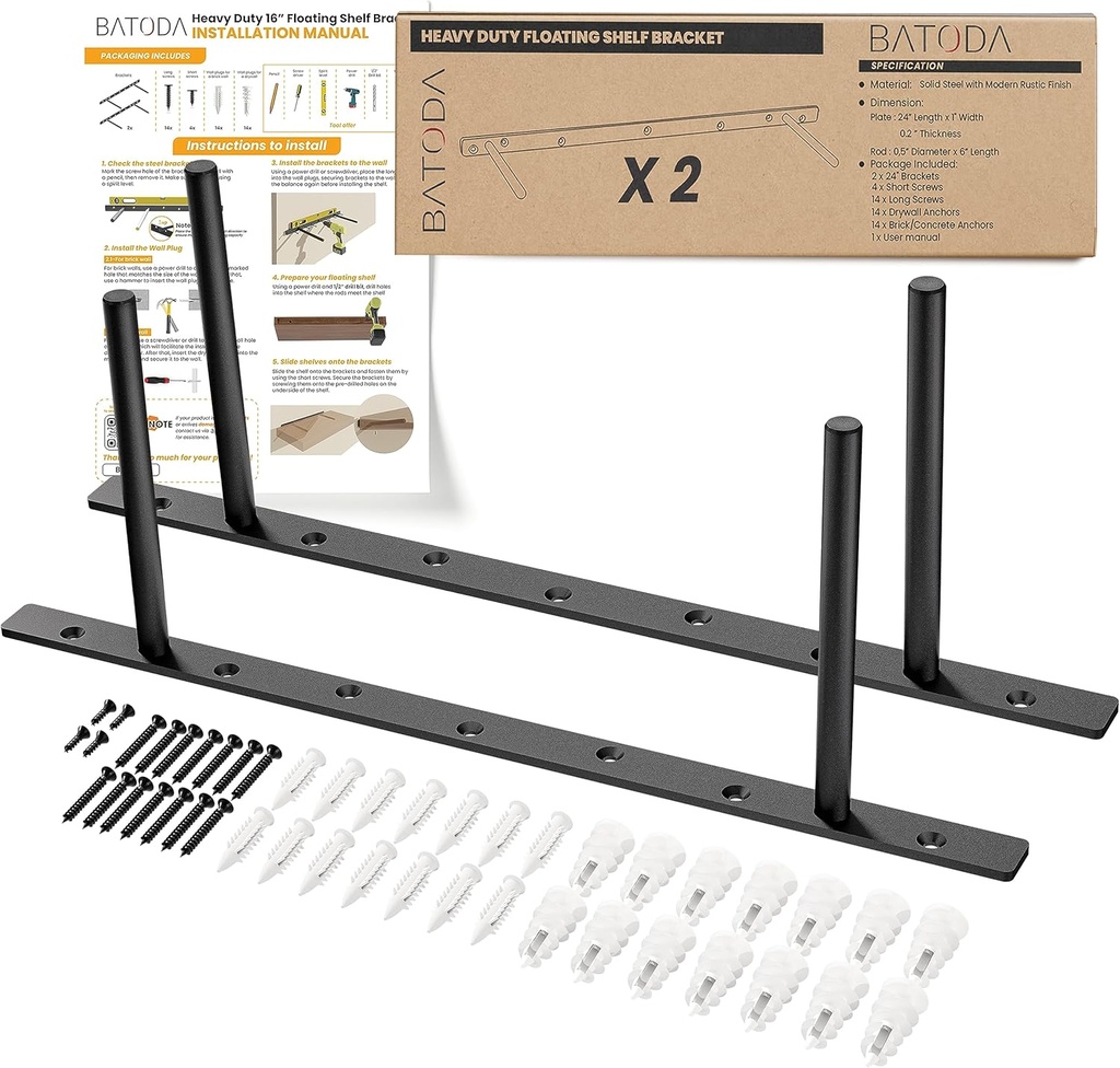 BATODA - 16" Heavy Duty Floating Shelf Bracket (2 pcs)–Solid Steel Blind Shelf Supports - Hidden Brackets for Floating Wood Shelves - Blind Shelf Support - Shelving Mounting Hardware Included (Pack 2)