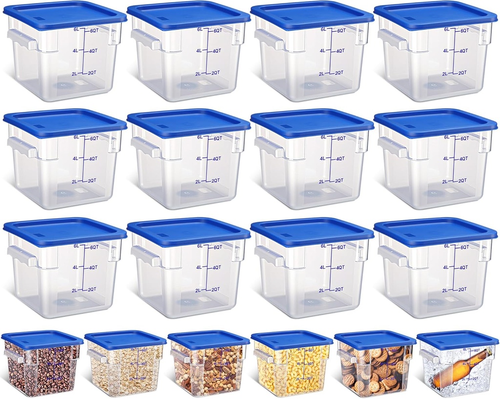 Yungyan 12 Pcs 4 Qt Commercial Food Storage Containers with Lids Restaurant Square Airtight Food Storage Containers Clear Cereal Containers for Kitchen Freezer Dishwasher Pantry(Blue Lid)