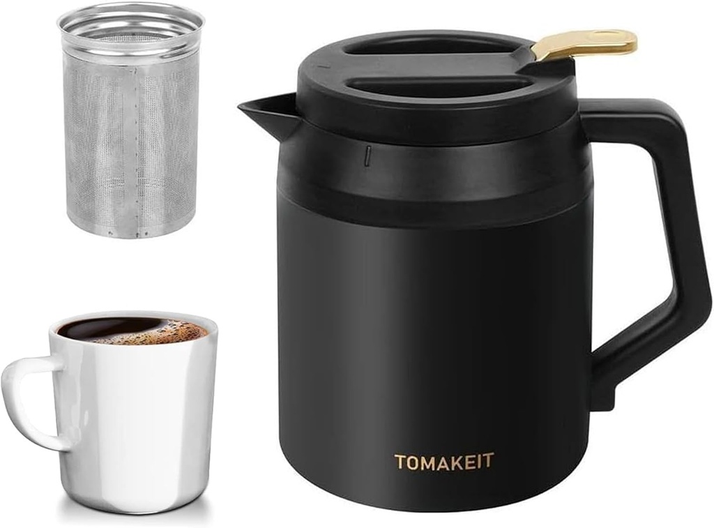 Thermal Coffee Carafe,51 Oz/1.5 L, 304 Grade Stainless Steel Vacuum Insulated Thermal Carafe for Hot/Cold Water with Tea Filter,Portable for Travel, Camping, Office