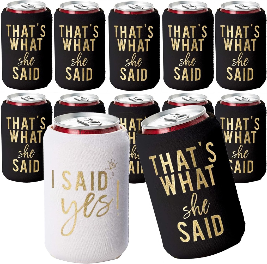 I Said Yes and That's What She Said Beach Bachelorette Favors Can Coolers, Set of 12 Beer Can Coolies, Perfect Nashville Bachelorette Party Decorations and Bridesmaid Gifts (Black)