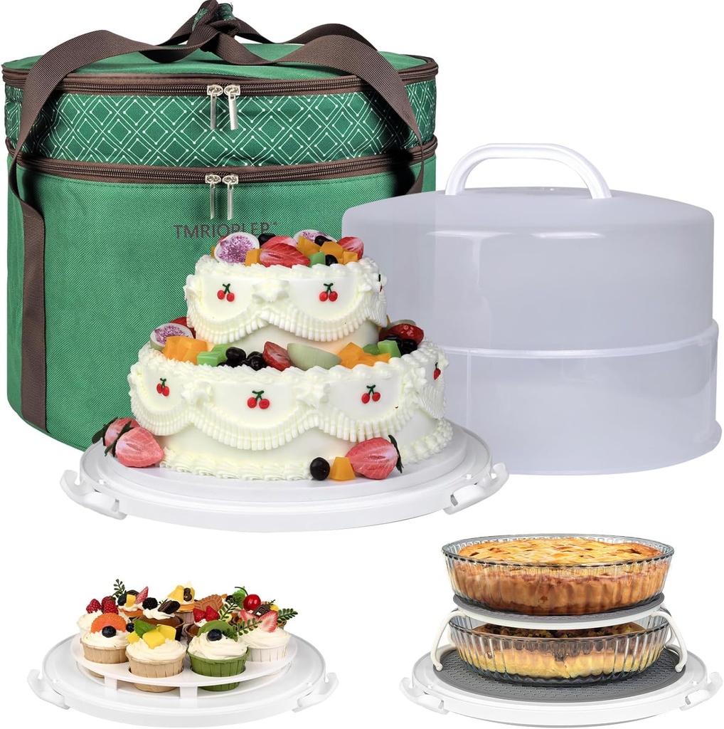 12 Inch Cake carrier Container with Lid and Handles Includes Insulated Bag for Safe Transportation of Buttercream Doesn't Melt Easy for Cakes, Pies and Cupcakes (Green)