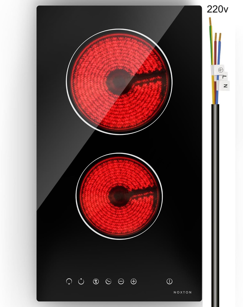 Noxton 2 Burner Electric Cooktop 12 Inch, Built-in Electric Radiant Ceramic Stove Top, Sensor Touch Control, Child Safety Lock, Timer, 3000W, Hard Wire for 220V~240V