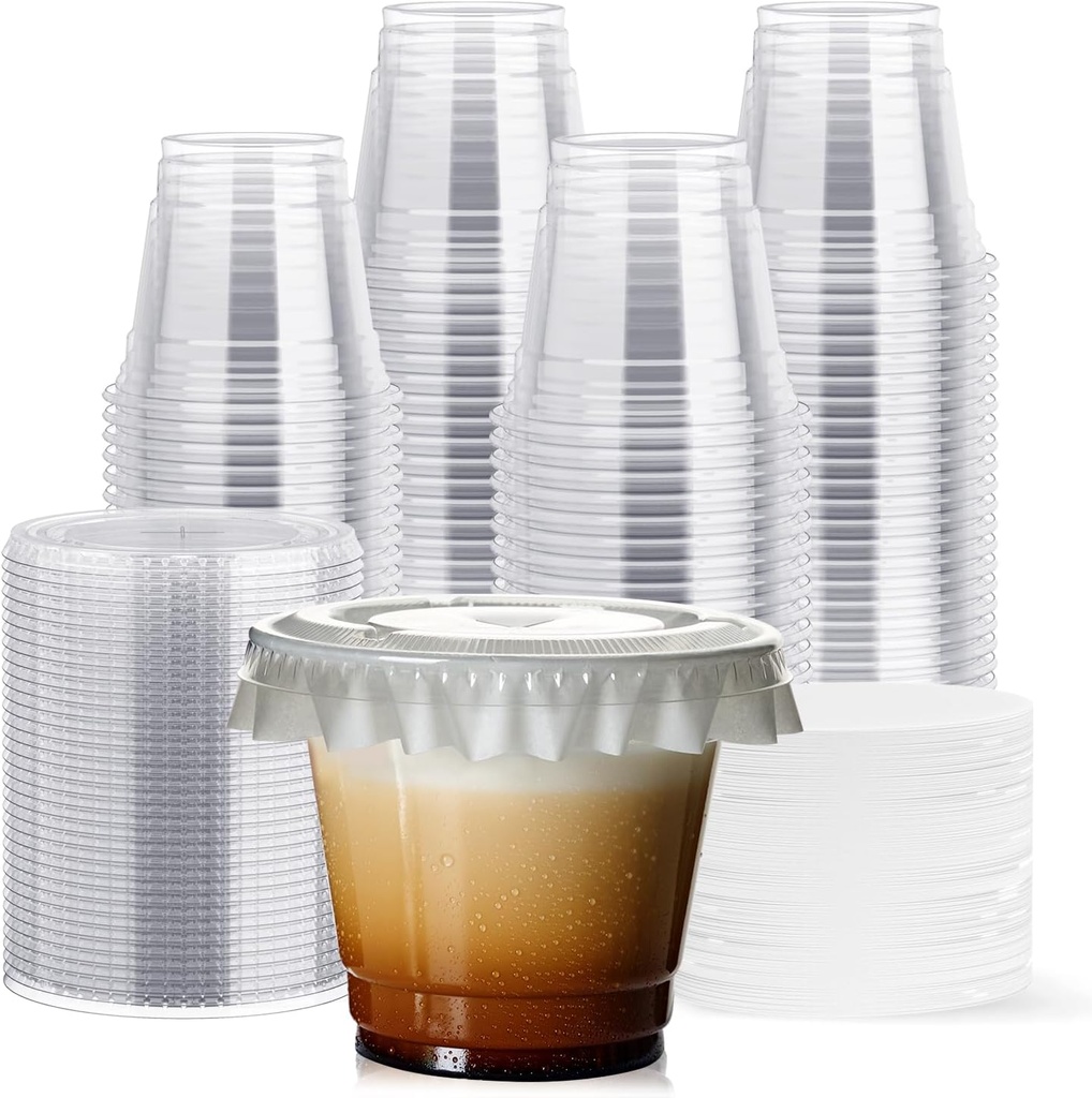 JOLLY CHEF 200 Sets 9 oz Clear Plastic Cups with Flat Lids, and Paper Lid Liners, 9 Ounce Plastic Cups with Flat Lids for Parfait, Snacks, Fruit, Pudding
