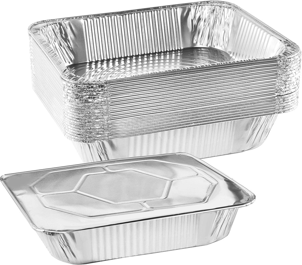 NYHI 9x13 Disposable Aluminum Foil Pans With Lids Large Half Size Deep Steam Pan and Oven Buffet Trays Food Containers for Catering Baking Roasting (25)