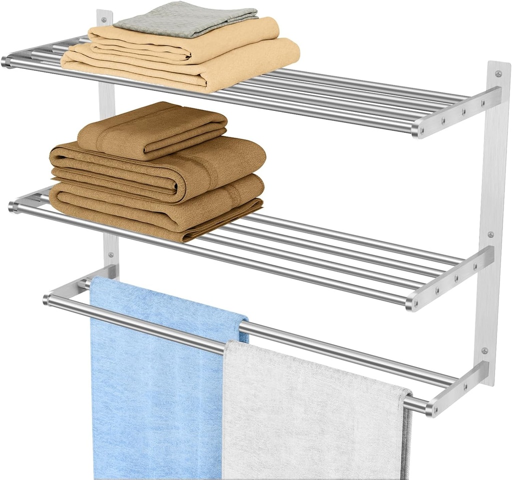 Towel Racks for Bathroom Wall 24 Inch, 3 Tier Bathroom Towel Shelf with Double Towel Bar, Stainless Steel Towel Rack with Towel Shelf, Towel Hanger Holder for Bathroom Towel Storage, Brushed Nickel