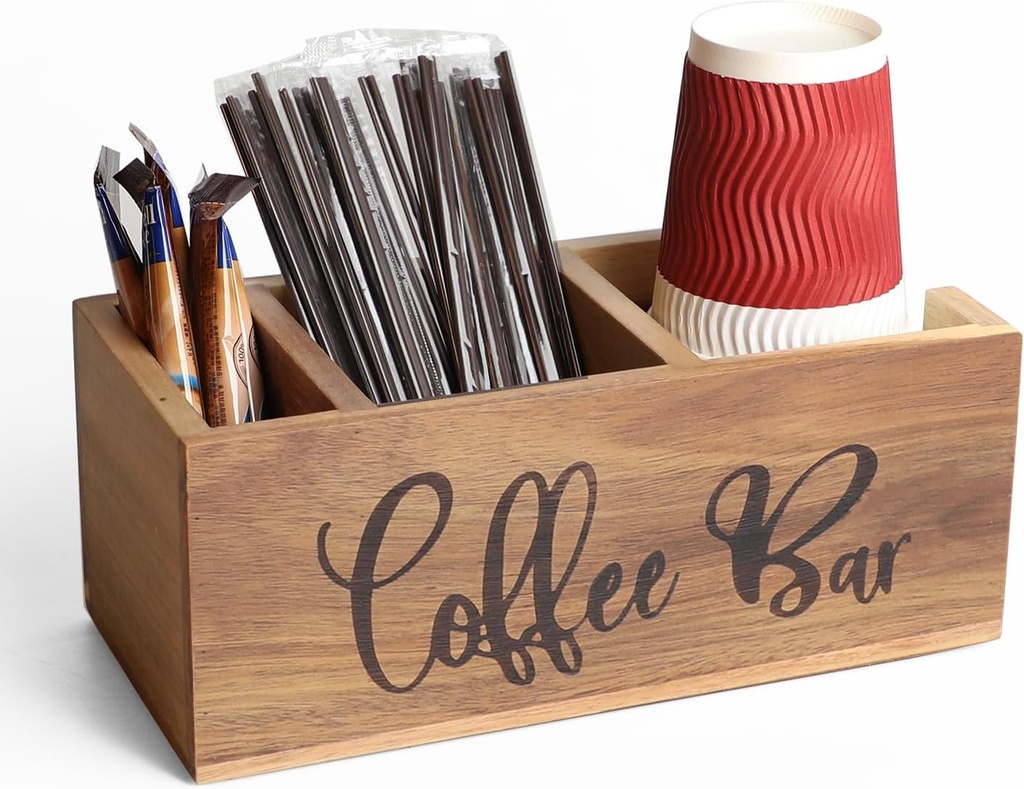 Acacia Wood Station Organizer,Coffee Station Organizer for Cup Lid Stirrers Pod, Disposable Coffee Cup Holder, Farmhouse Accessories Decor, Brown Labeled Coffee Bar