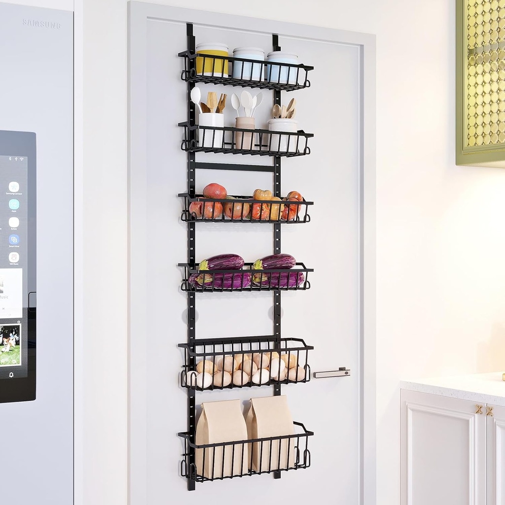 GarveeHome Over The Door Pantry Organizer, Over The Door Organizer with Adjustable Basket, Metal Hanging Pantry Organizers and Storage for Kitchen Back of Door Seasoning Rack