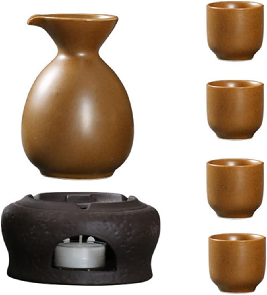 6 Pieces Sake Set, Traditional Japanese Ceramics Sake Cup Set, Elegant Design Best Gift for Family and Friends, with 1 Heating Stove, 4 Sake Cups and 1 Sake Pot Cups
