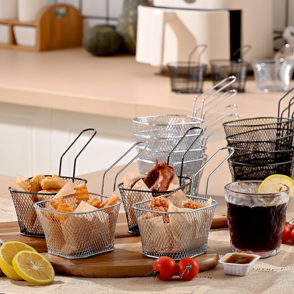 8pcs Mini Square Fry Baskets 4.1x3.3x2.6Inches, French fry basket Table Serving Fryer Baskets（black)