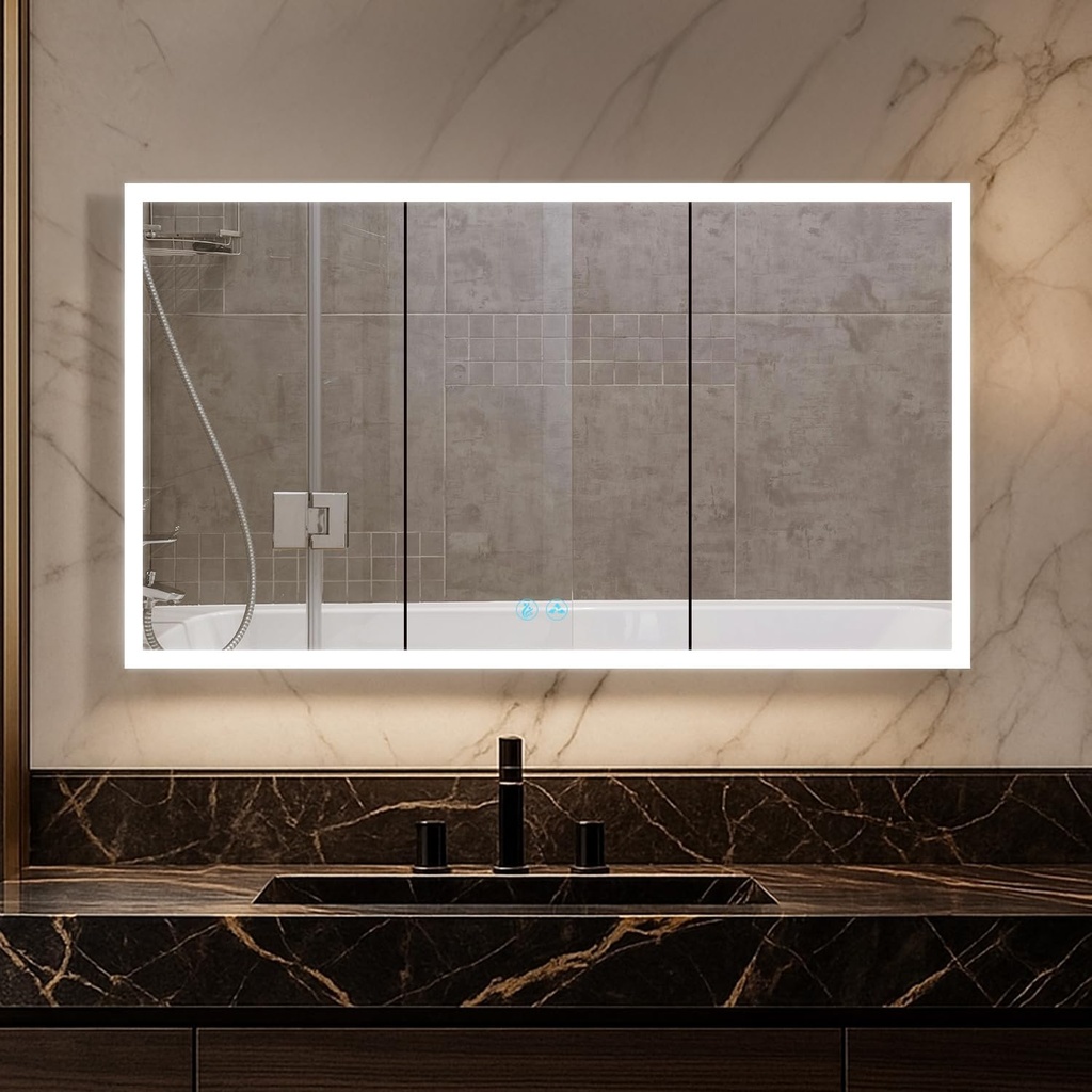 Blossom LED Lighted Mirror Medicine Cabinet, 48x32 Inch, Wall Mounted Recessed or Surface Bathroom LED Medicine Cabinet with Mirror, Makeup Mirror with Lights, Defogger, 3 Color Dimmer