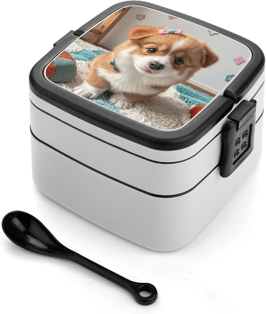 Double Layer Bento Box for Adults Kawaii Puppy Print Stackable Bento Box Removable Lunch Boxes for Dining Out,Work
