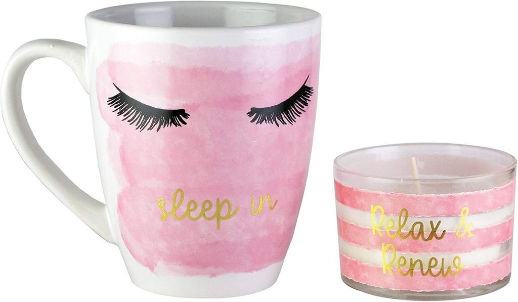 American Atelier Sleep In Ceramic Mug & Candle 16 Ounce – 2 Piece Set for Coffee, Tea, Cocoa, Ice Cream-Hostess Gift Idea for Special Occasion, Housewarming or Birthday, 15 oz, Pink