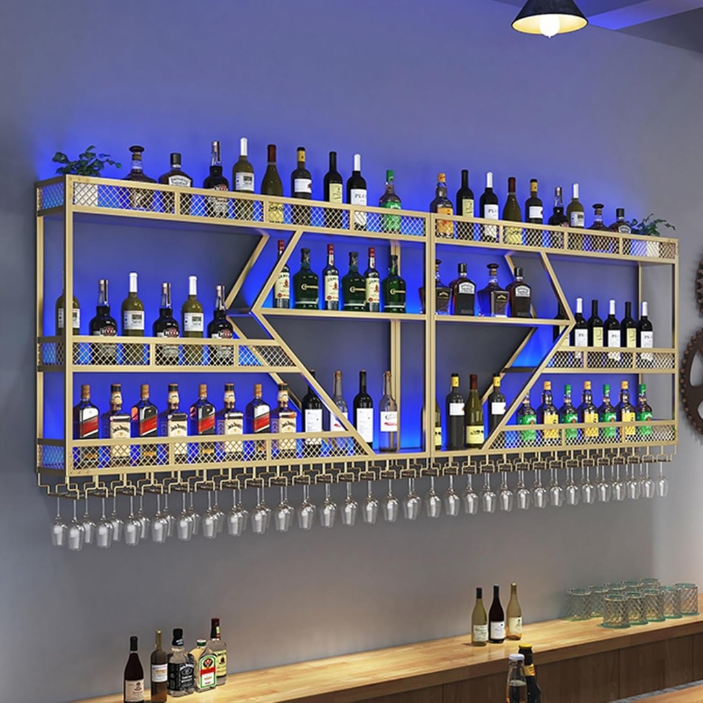 Industrial Wall Mounted Iron Wine Storage Display Rack Holder with Lights and Wine Glass Holder for Bar Counter Large Capacity Liquor Bottle Display Shelf for Wine Cellar (d) (Dblue Led3 Tier