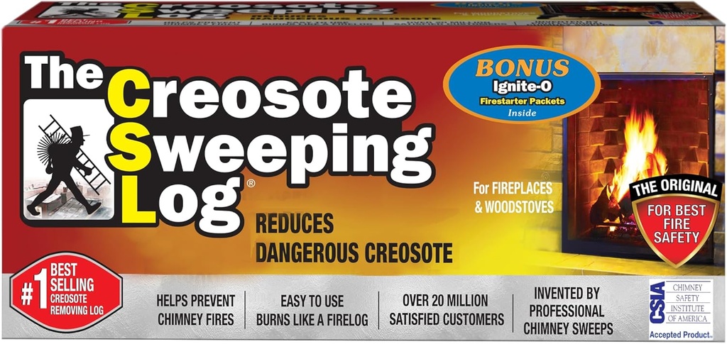 The Creosote Sweeping Log (CSL) with Bonus Ignite-O Fire Starter - Chimney Cleaner for Fireplaces and Woodstoves - Non-Toxic and Easy Cleaning Firelog